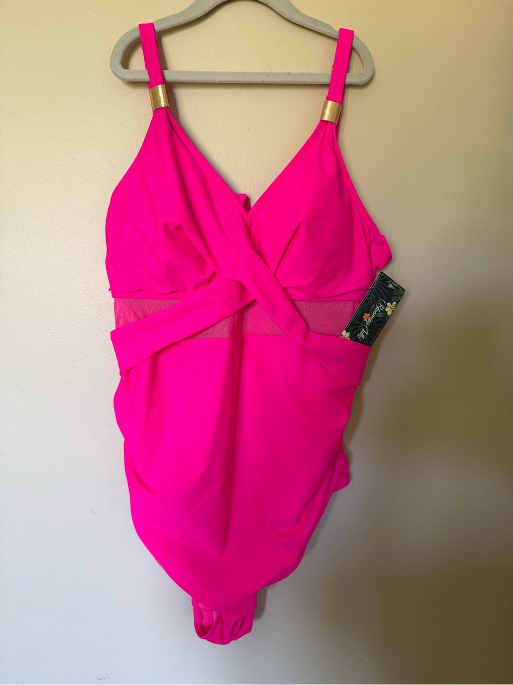 Hot Pink Women's One-Piece Swimsuit with Mesh Waist